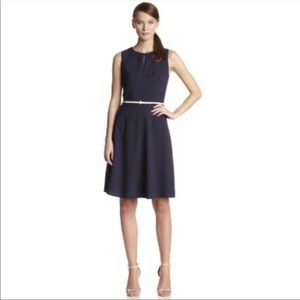 Calvin Klein navy blue a line dress with white belt and keyhole neck